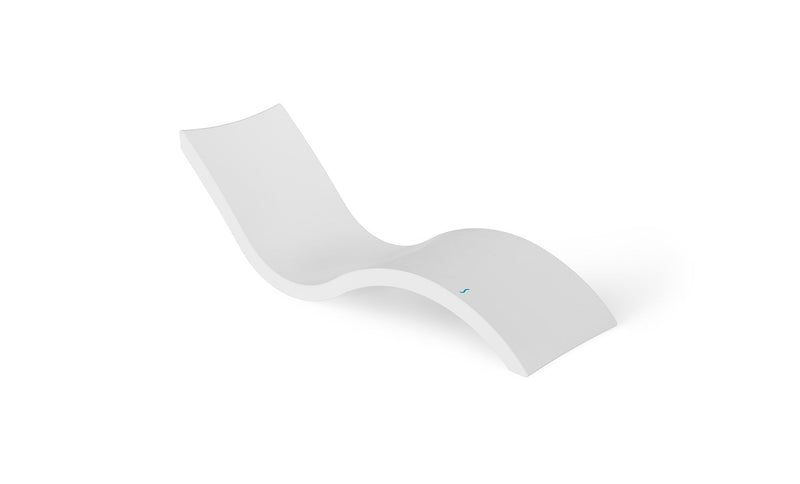 A minimalist, curved white lounge chair with a smooth matte finish, shown from an elevated angle on a clean white background.