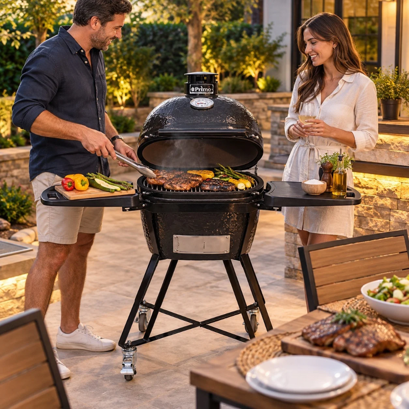 Primo All-In-One Oval Junior 200 Ceramic Charcoal Grill Heavy-Duty Stand